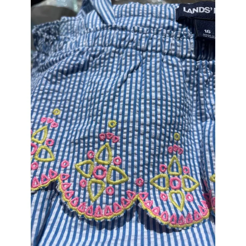 Lands End Girls Seersucker Summer Dress Girls 16 Scalloped Edges 100% Cotton